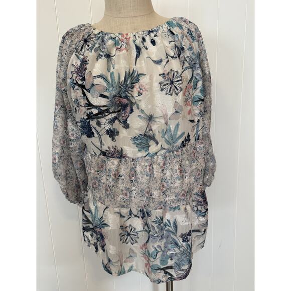 Cupio Top Womens Medium Blue Floral Boho Sheer Peasant Blouse Lightweight Tunic - Picture 1 of 10
